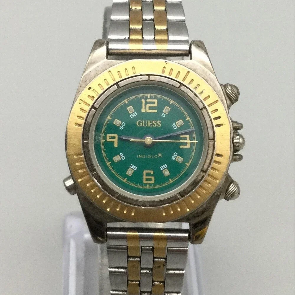 Vintage Guess Womens Watch 30mm Green Dial Two Tone Indiglo New Battery 6.75